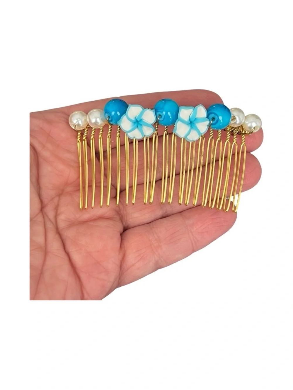 Gold  Beaded Hair Comb with Blue Floral Accents 3.0”FINAL PRICE DROP